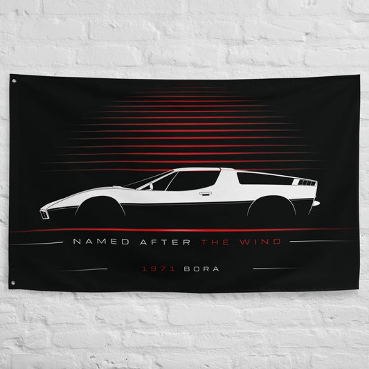 Maserati Bora 1971 car silhouette flag - White Brick Wall