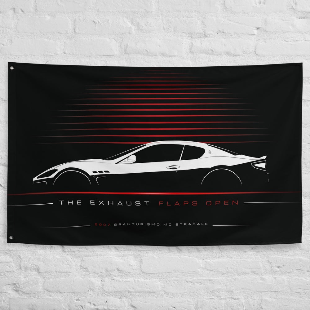 Maserati GranTurismo MC Stradale 2007 car silhouette flag - White Brick Wall