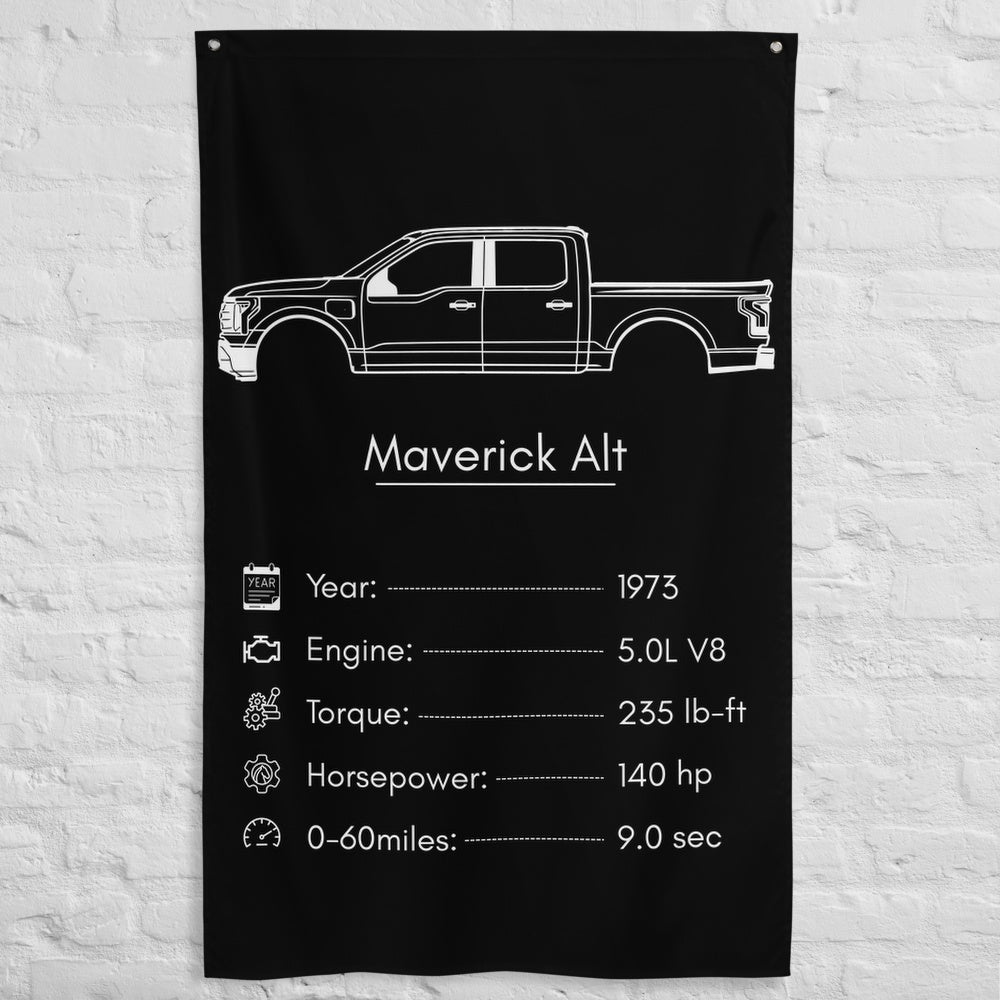 Ford Maverick 1973 (Design 2) car silhouette spec flag - White Brick Wall