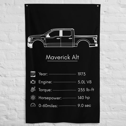 Ford Maverick 1973 (Design 2) car silhouette spec flag - White Brick Wall