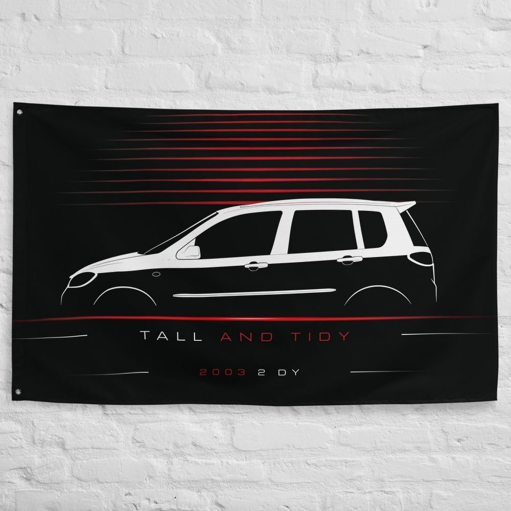 Mazda 2 DY 2003 car silhouette flag - White Brick Wall