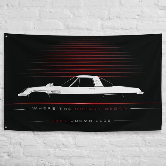Mazda Cosmo L10B 1967 car silhouette flag - White Brick Wall
