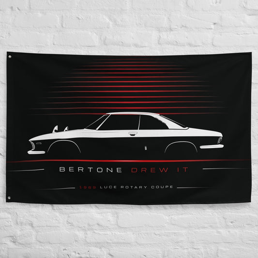 Mazda Luce Rotary Coupe 1969 car silhouette flag - White Brick Wall