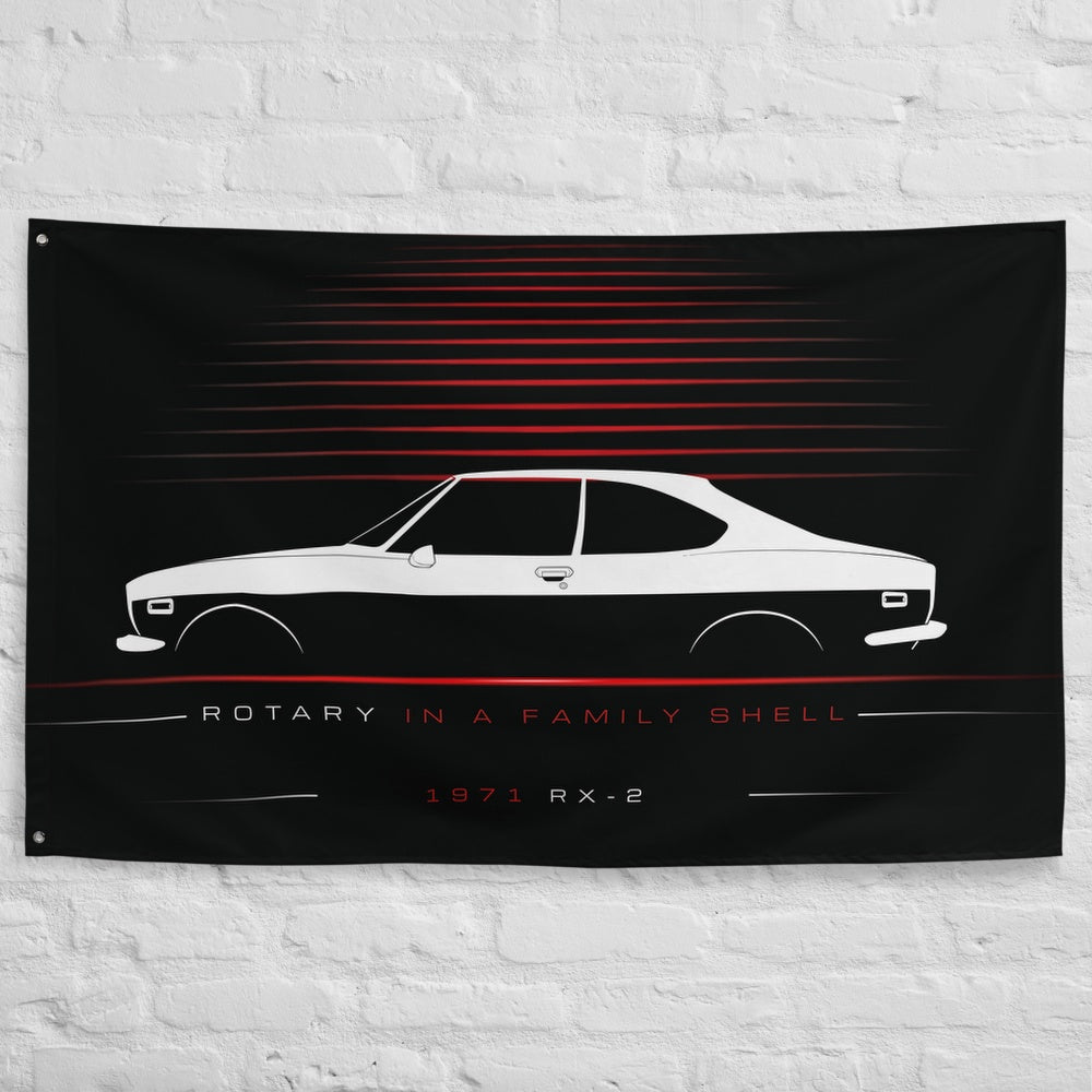 Mazda RX-2 1971 car silhouette flag - White Brick Wall