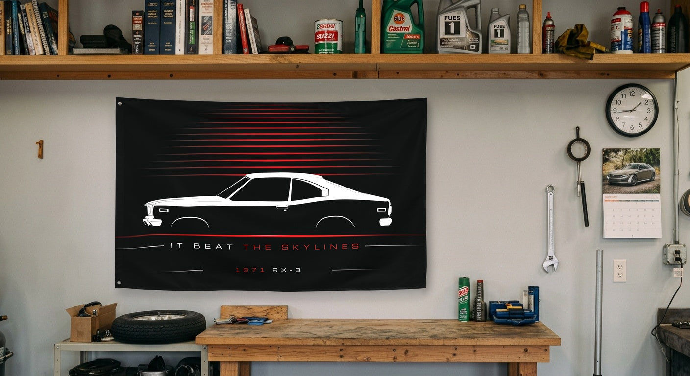 Mazda RX-3 1971 car silhouette flag - Garage Workbench