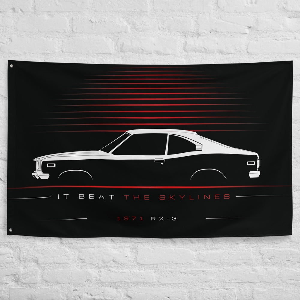Mazda RX-3 1971 car silhouette flag - White Brick Wall