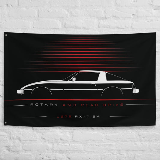 Mazda RX-7 SA 1978 car silhouette flag - White Brick Wall