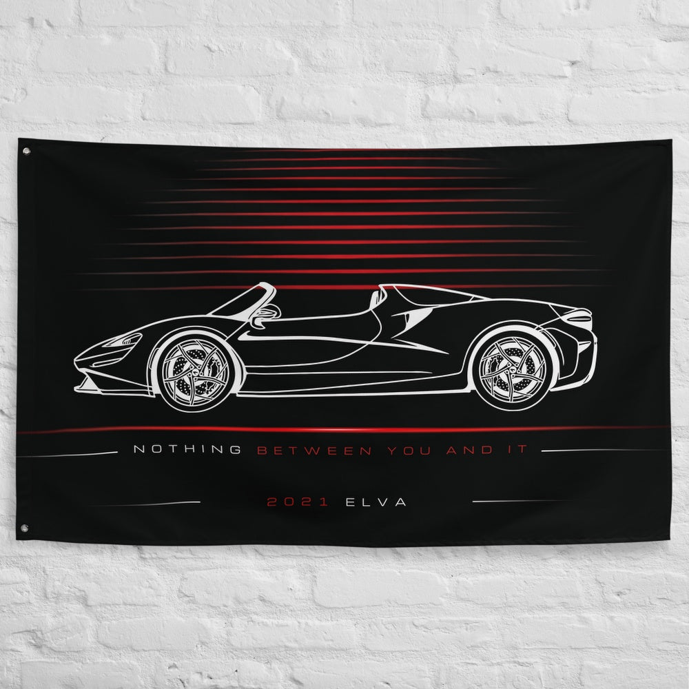 McLaren Elva 2021 car silhouette flag - White Brick Wall