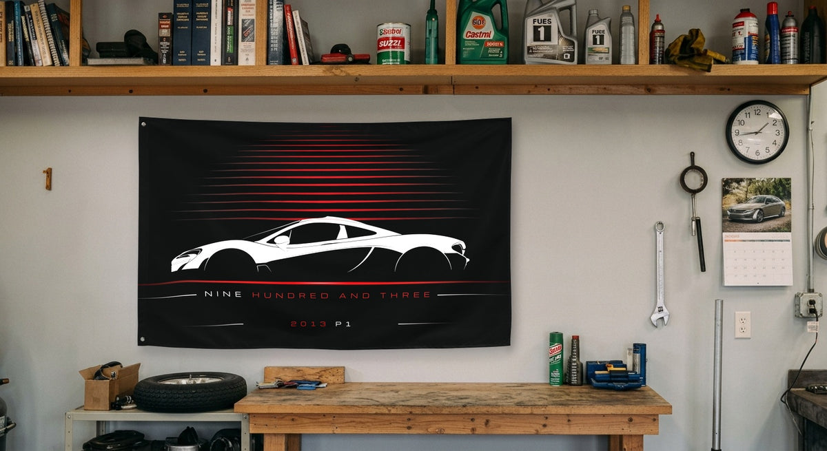 McLaren P1 2013 car silhouette flag - Garage Workbench