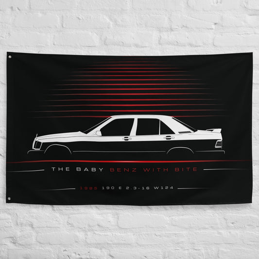 Mercedes 190 E 2.3-16 W124 1985 car silhouette flag - White Brick Wall