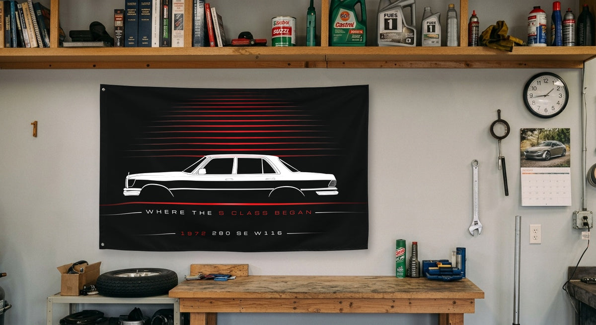 Mercedes 280 SE W116 1972 car silhouette flag - Garage Workbench