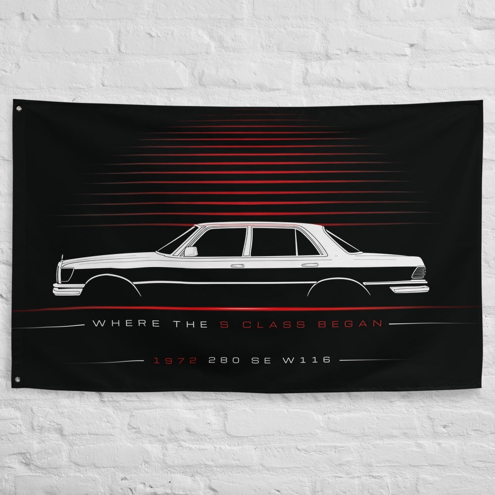Mercedes 280 SE W116 1972 car silhouette flag - White Brick Wall