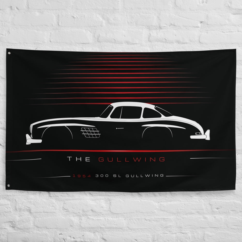 Mercedes 300 SL Gullwing 1954 car silhouette flag - White Brick Wall