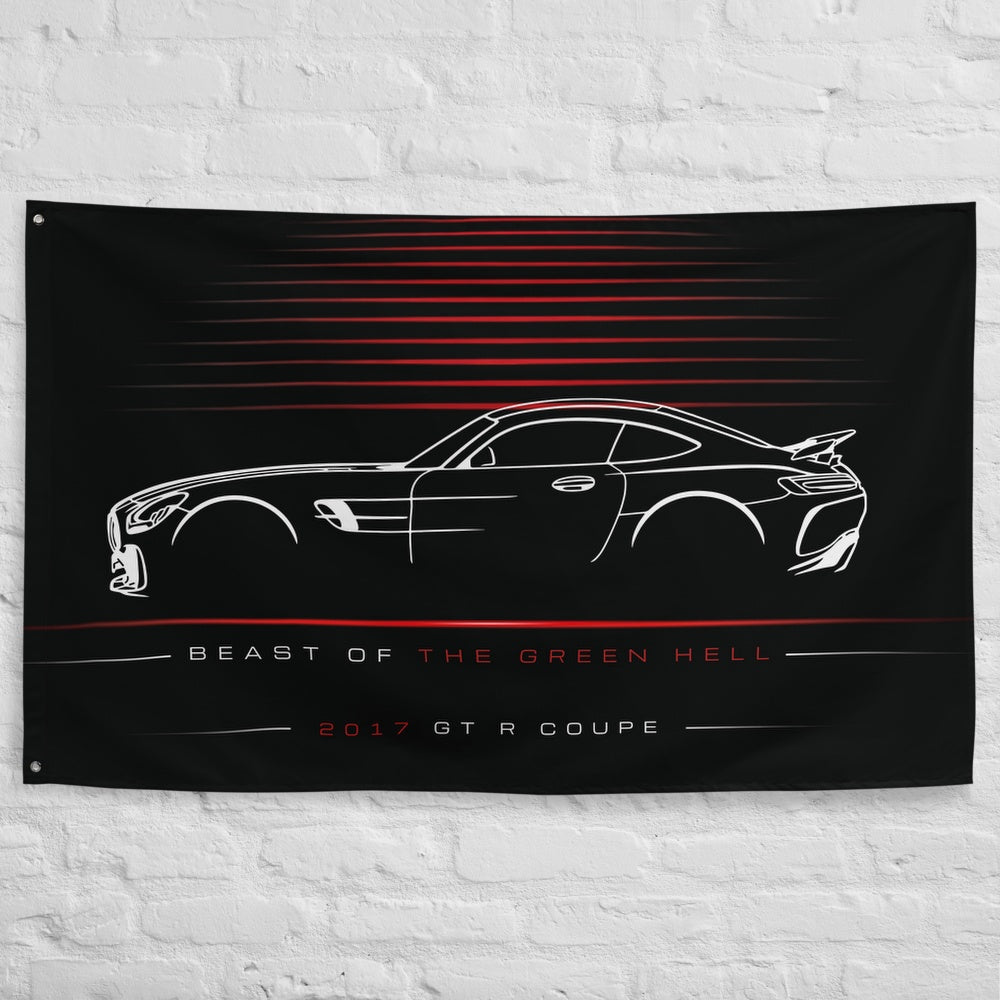 Mercedes GT R Coupe 2017 car silhouette flag - White Brick Wall