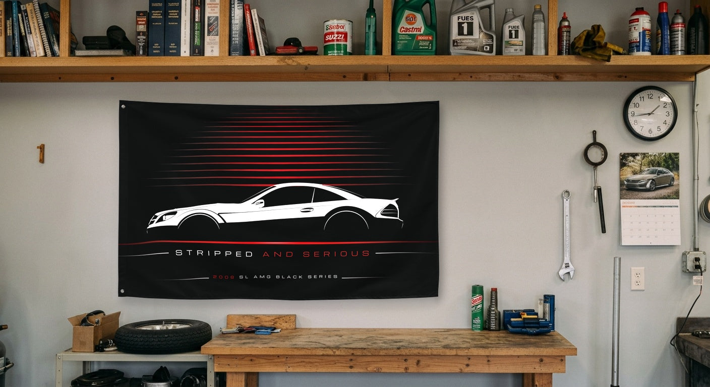 Mercedes SL AMG Black Series 2008 car silhouette flag - Garage Workbench