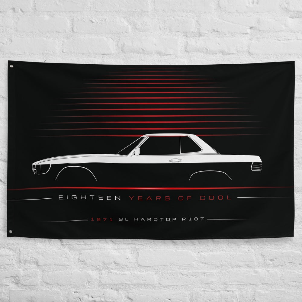 Mercedes SL Hardtop R107 1971 car silhouette flag - White Brick Wall