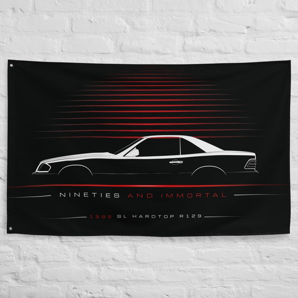 Mercedes SL Hardtop R129 1989 car silhouette flag - White Brick Wall