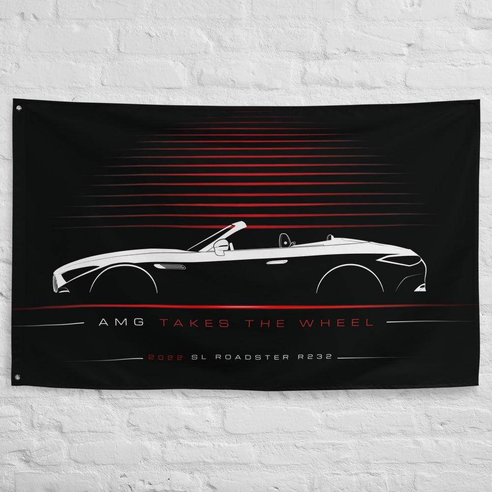 Mercedes SL Roadster R232 2022 car silhouette flag - White Brick Wall