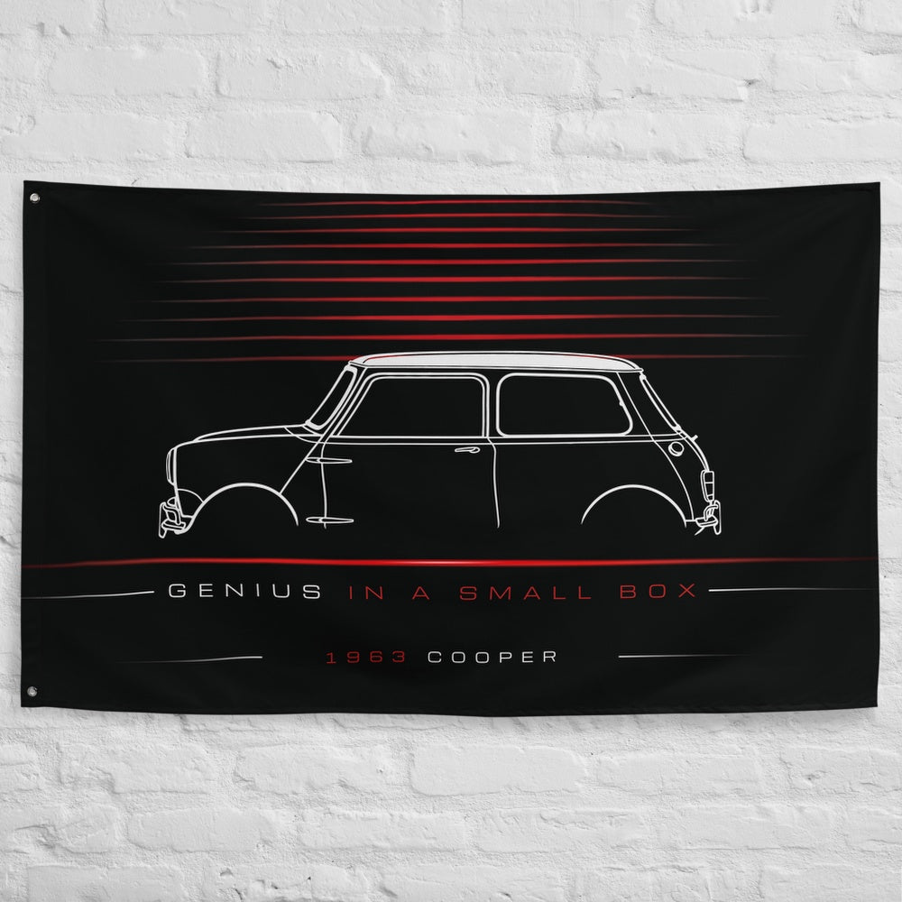 Mini Cooper Classic 1963 car silhouette flag - White Brick Wall