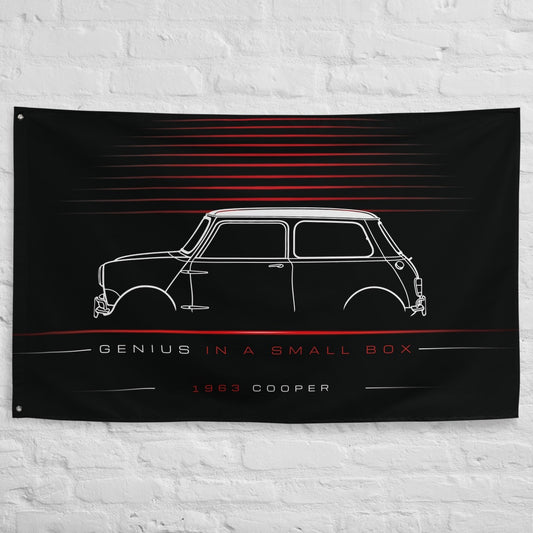 Mini Cooper Classic 1963 car silhouette flag - White Brick Wall