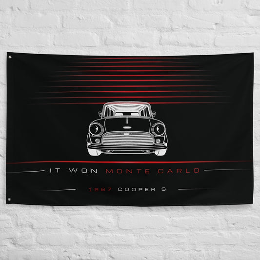 Mini Cooper S Classic 1967 car silhouette flag - White Brick Wall