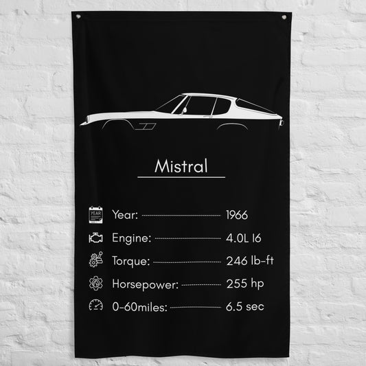 Maserati Mistral 1966 car silhouette spec flag - White Brick Wall
