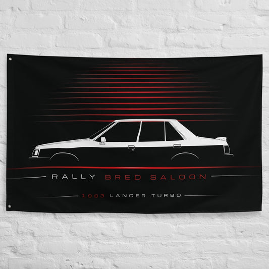 Mitsubishi Lancer 2000 Turbo 1983 car silhouette flag - White Brick Wall