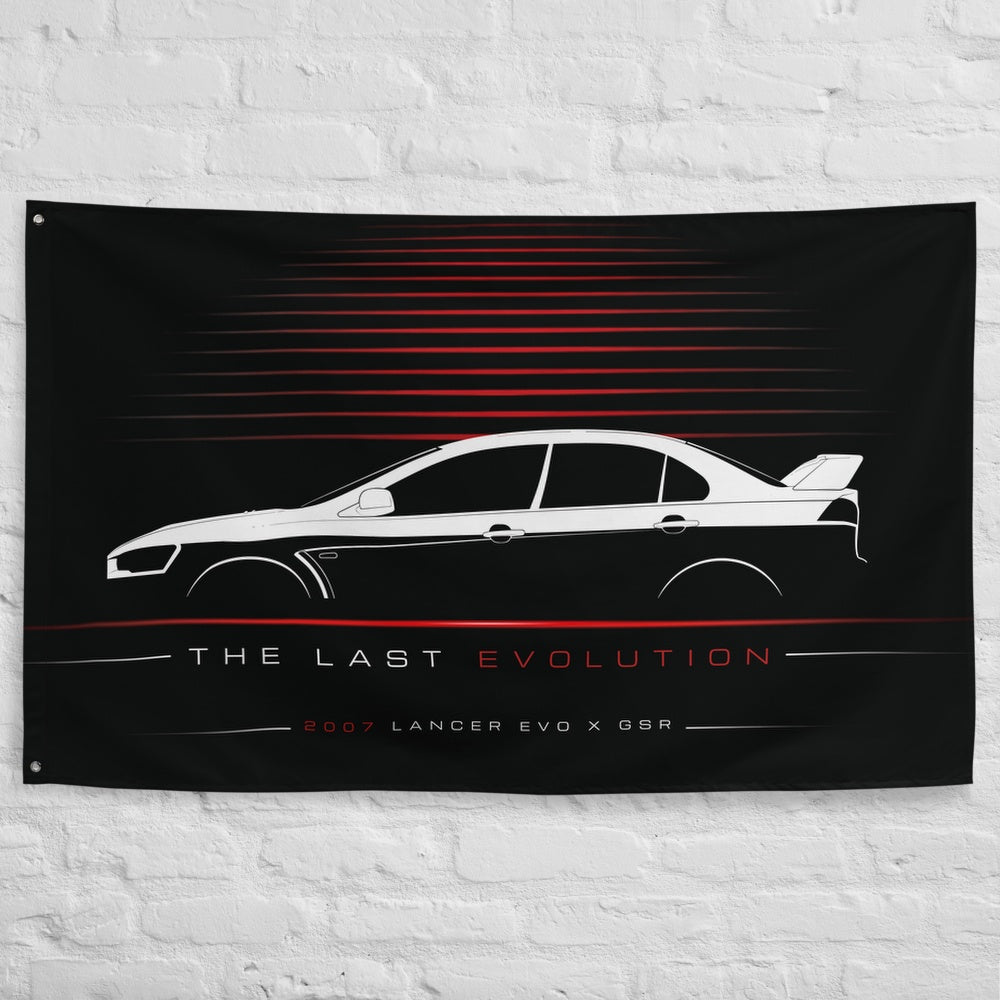 Mitsubishi Lancer Evolution X GSR 2007 car silhouette flag - White Brick Wall
