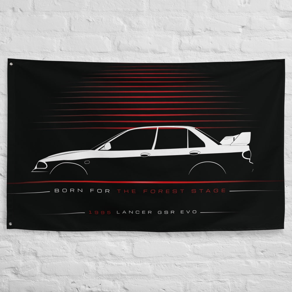 Mitsubishi Lancer GSR Evolution III 1995 car silhouette flag - White Brick Wall