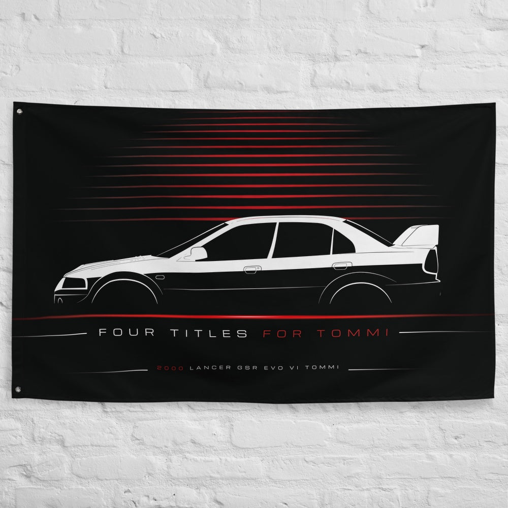 Mitsubishi Lancer GSR Evolution VI Tommi Makinen 2000 car silhouette flag - White Brick Wall