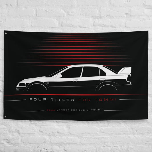 Mitsubishi Lancer GSR Evolution VI Tommi Makinen 2000 car silhouette flag - White Brick Wall