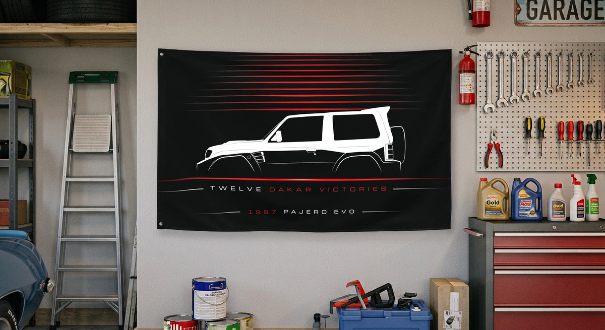 Mitsubishi Pajero Evolution 1997 car silhouette flag - Garage Wall