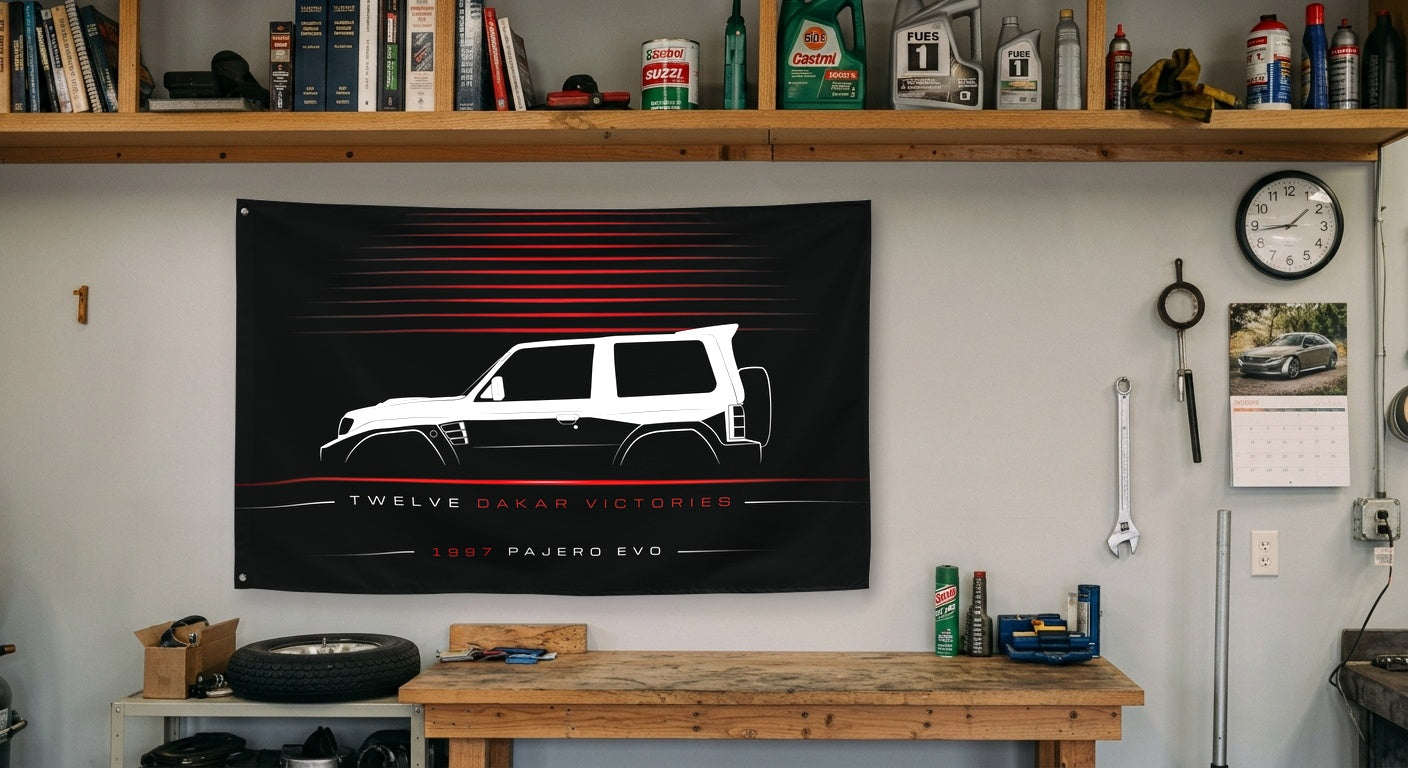 Mitsubishi Pajero Evolution 1997 car silhouette flag - Garage Workbench