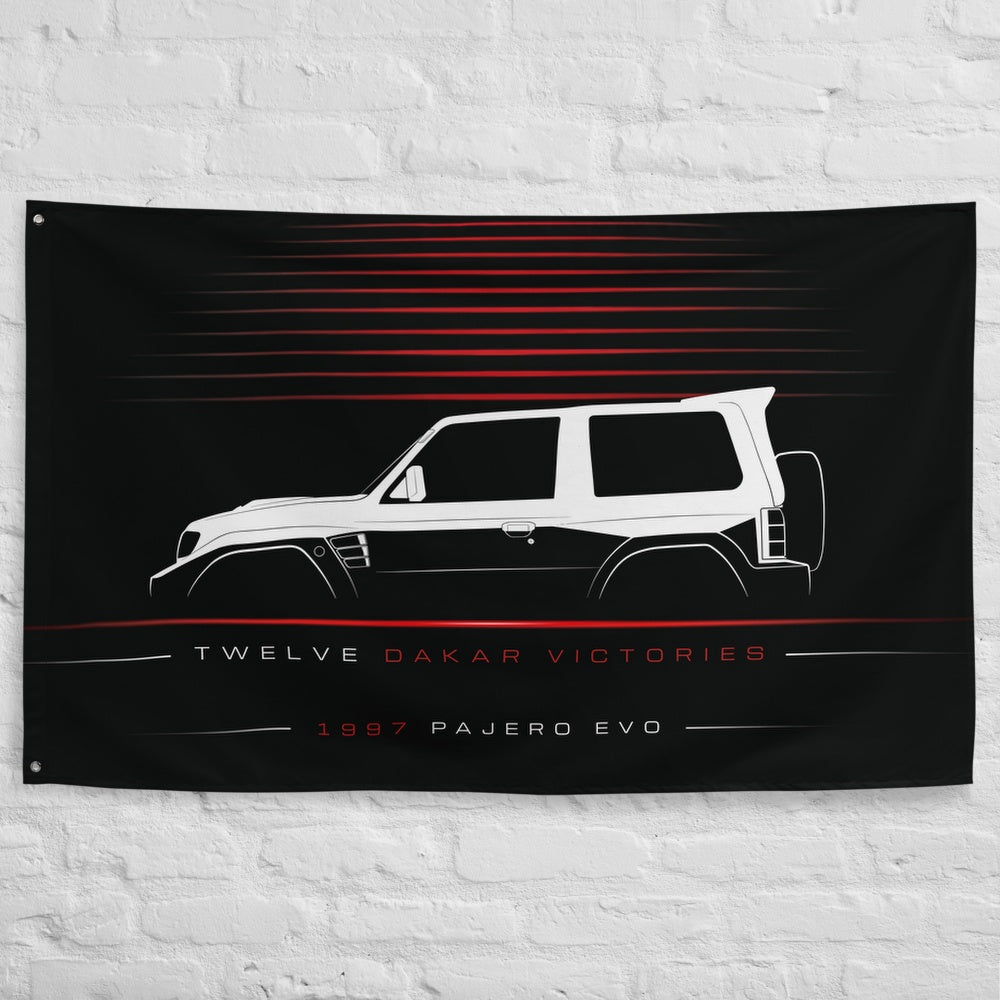 Mitsubishi Pajero Evolution 1997 car silhouette flag - White Brick Wall