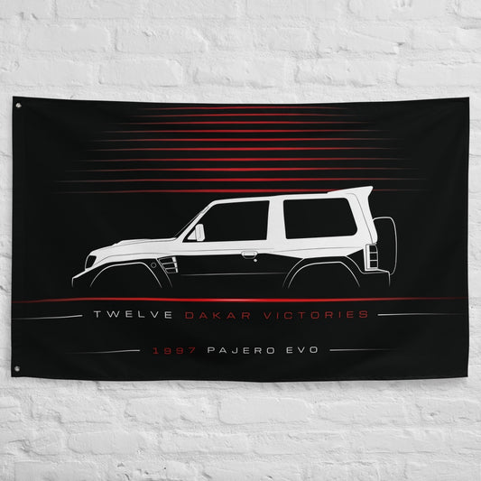Mitsubishi Pajero Evolution 1997 car silhouette flag - White Brick Wall