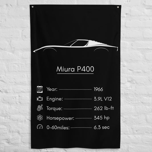 Lamborghini Miura P400 1966 car silhouette spec flag - White Brick Wall