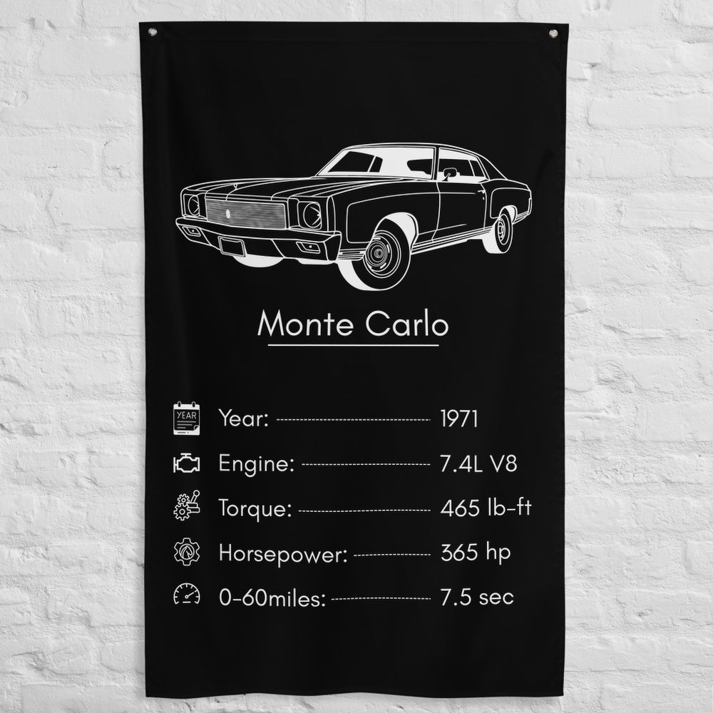 Chevrolet Monte Carlo 1971 car silhouette spec flag - White Brick Wall