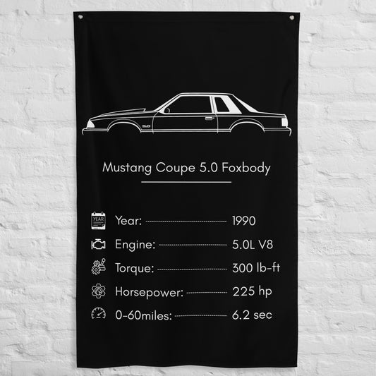 Ford Mustang Coupe 5.0 Foxbody 1990 car silhouette spec flag - White Brick Wall
