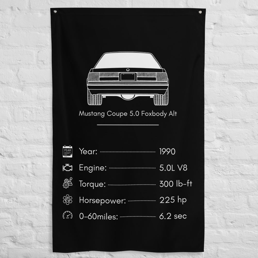 Ford Mustang Coupe 5.0 Foxbody 1990 (Design 2) car silhouette spec flag - White Brick Wall