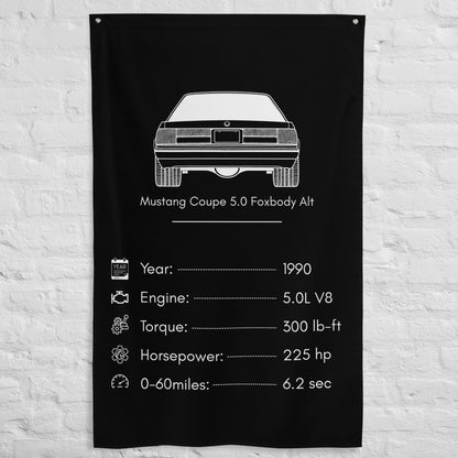 Ford Mustang Coupe 5.0 Foxbody 1990 (Design 2) car silhouette spec flag - White Brick Wall