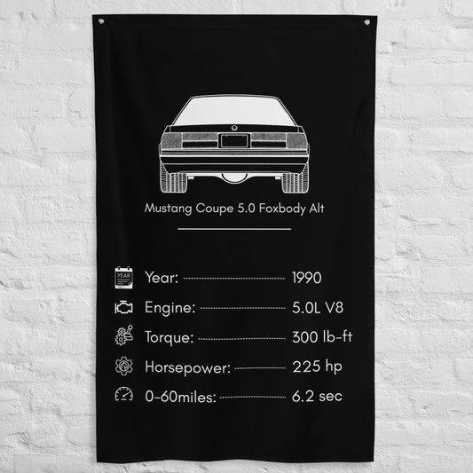 Ford Mustang Coupe 5.0 Foxbody 1990 (Design 2) car silhouette spec flag - White Brick Wall