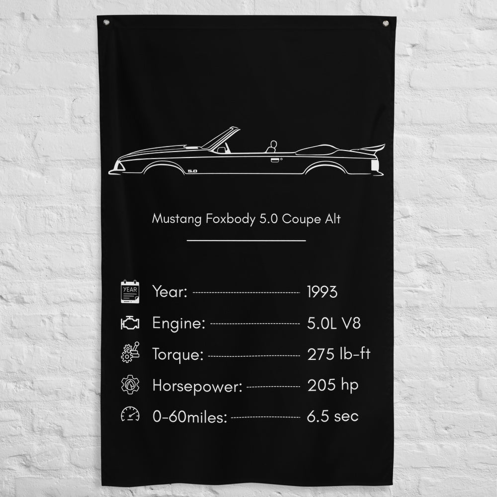 Ford Mustang Foxbody 5.0 Coupe 1993 (Design 2) car silhouette spec flag - White Brick Wall
