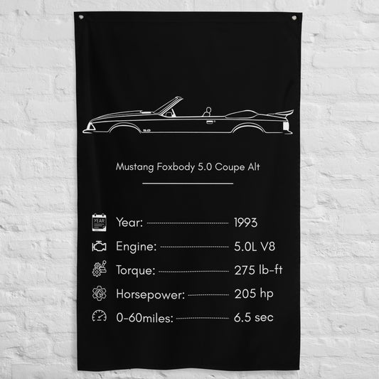 Ford Mustang Foxbody 5.0 Coupe 1993 (Design 2) car silhouette spec flag - White Brick Wall