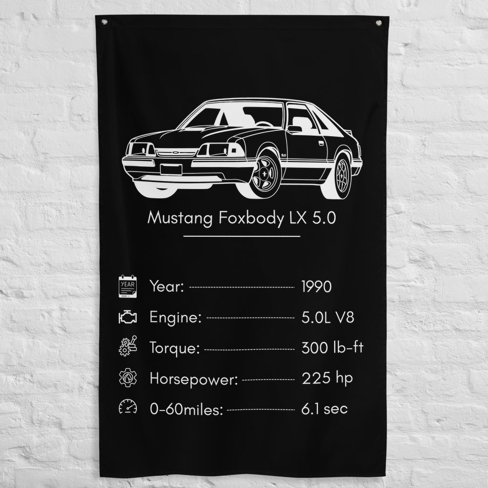 Ford Mustang Foxbody LX 5.0 1990 car silhouette spec flag - White Brick Wall