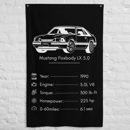 Ford Mustang Foxbody LX 5.0 1990 car silhouette spec flag - White Brick Wall