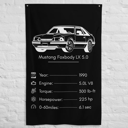 Ford Mustang Foxbody LX 5.0 1990 car silhouette spec flag - White Brick Wall