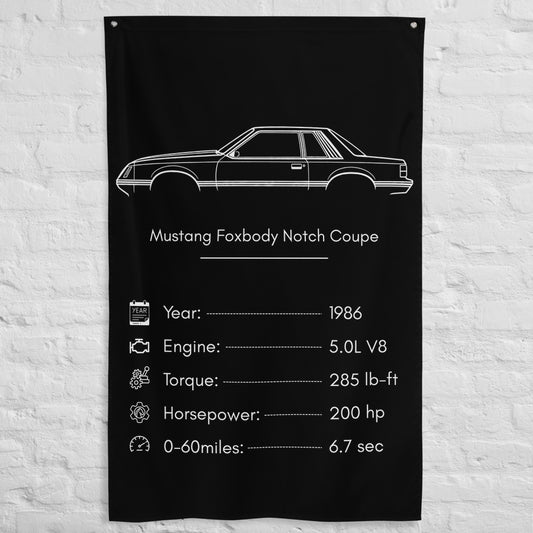 Ford Mustang Foxbody Notch Coupe 1986 car silhouette spec flag - White Brick Wall