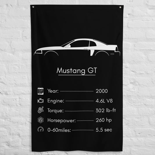 Ford Mustang GT 2000 car silhouette spec flag - White Brick Wall