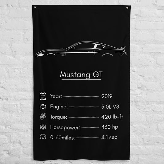 Ford Mustang GT 2019 car silhouette spec flag - White Brick Wall
