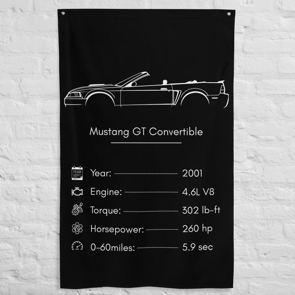 Ford Mustang GT Convertible 2001 car silhouette spec flag - White Brick Wall